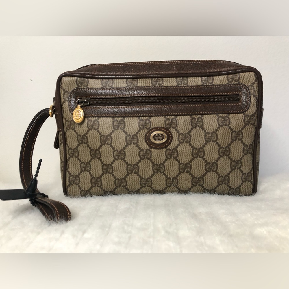 Gucci Vintage Interlocking GG Monogram Zipper Wristlet Cosmetic Pouch Clutch